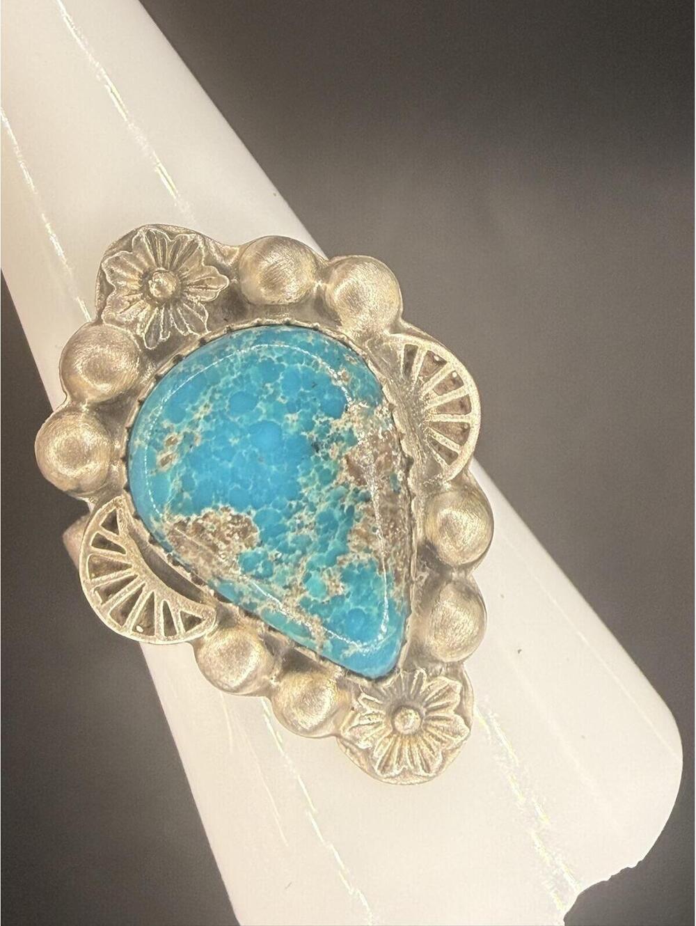 Blue Ridge Turquoise Ring – Adjustable Sterling Silver Signed HJC
